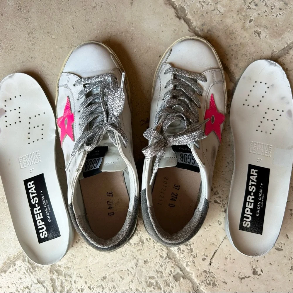 Golden Goose White Sneakers with Pink Star and Silver Laces